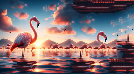 Flamingo on the beach at sunset Generative AI - obrazy, fototapety, plakaty