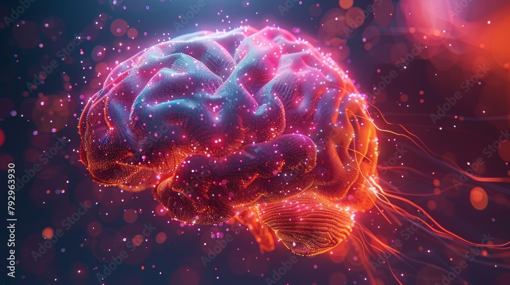 Poster Brain power concept with vivid low poly brain positioned in front view with futuristic elements