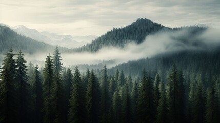 Foggy mountain landscape with coniferous forest. Panorama