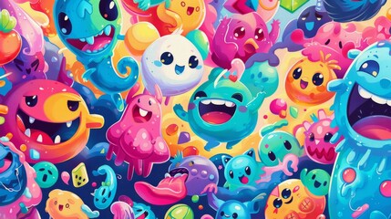 A vibrant illustration featuring cute and kawaii cartoon characters