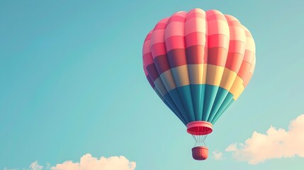 Vibrant Hot Air Balloon Soaring Through Blue Sky for Travel
