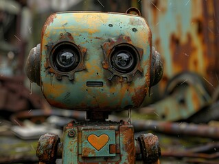 A robot in a post apocalyptic setting with an antique heart among rusting artifacts