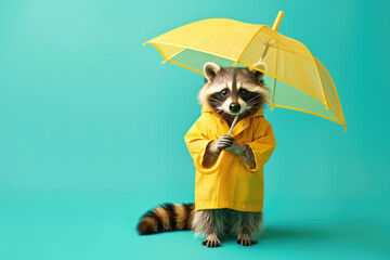 Full body raccoon in yellow raincoat under matching umbrella, on teal studio background - 792964178