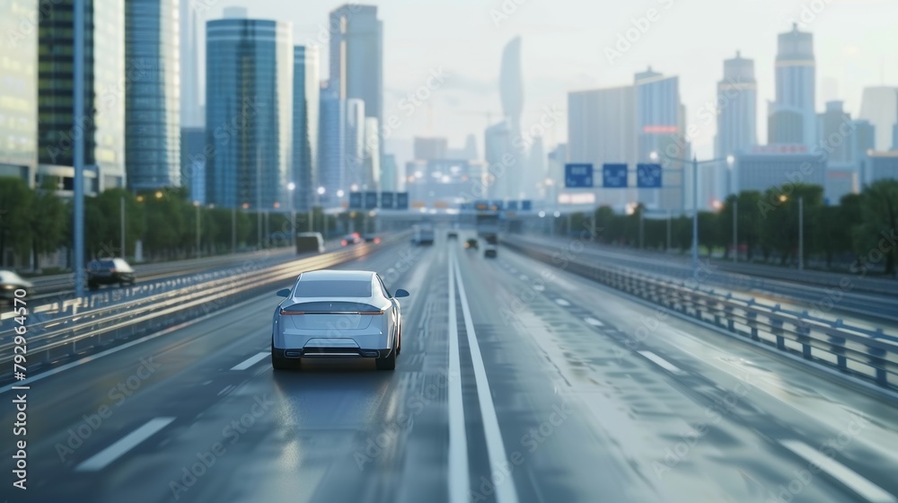 Poster A self-driving autonomous vehicle moves along a city highway. Visualization Concept: AI sensors scan the road ahead for vehicles, danger, and speed limits. Day urban driveway. Following view from the