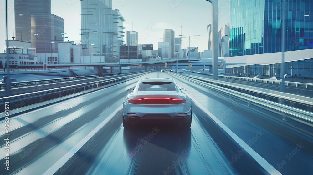 Poster 3D Autonomous Car With A VFX Visualization Concept: Software Sensor Scanning For Vehicles, Danger, Speed Limits On City Highway. Day Urban Driveway. Front View.