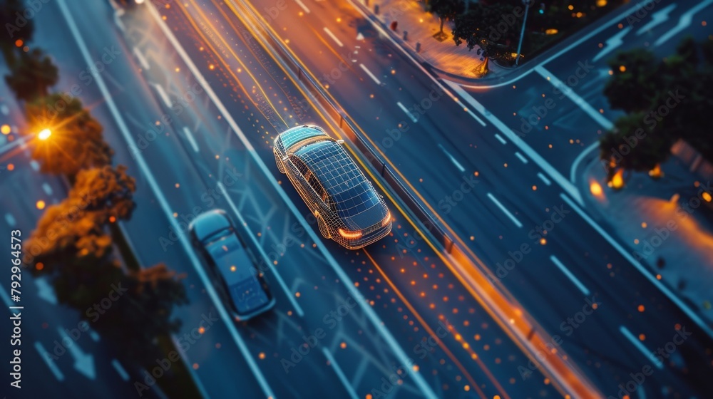 Aufkleber the following aerial drone view shows an autonomous self-driving car moving through a city highway. 