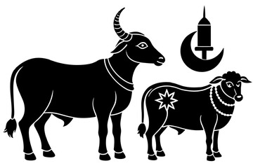 Sacrificial animals for Eid-ul-Azha Vector Illustration Silhouetted on white background