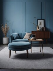 Neutral-toned minimalist interior featuring an armchair, blank wall, coffee table, and curated decor items in a serene blue color scheme.