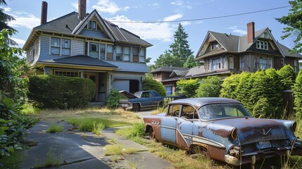 Abandoned old cars in a village - obrazy, fototapety, plakaty