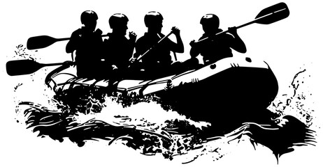 silhouette of people white water rafting isolated 