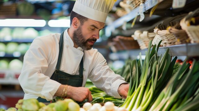 chef inspecting Sweet Garleek at the market, emphasizing its appeal to culinary professionals for its freshness and quality