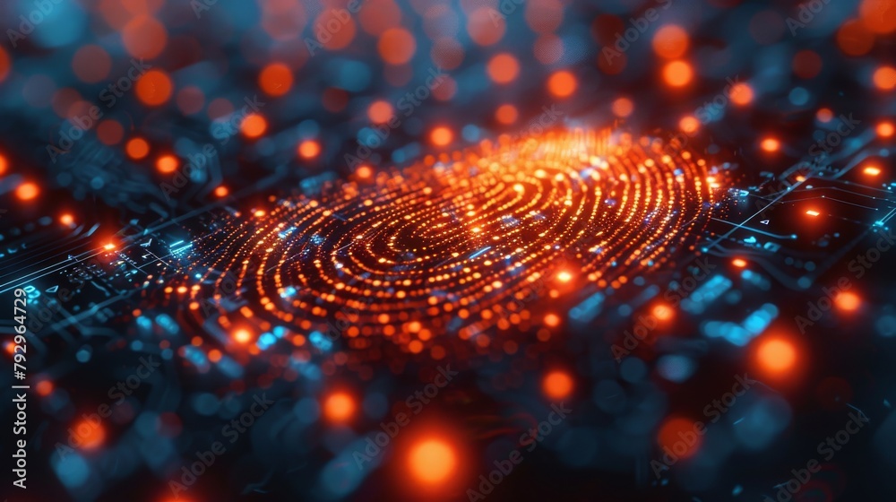 Poster concept of cyber security or biometrics, a fingerprint graphic with futuristic elements