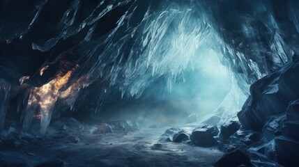 Ice cave with stalactites and stalagmites