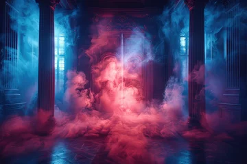 Deurstickers A dark and mysterious scene with red smoke swirling around the air, creating an ethereal atmosphere in front of columns illuminated by blue light. Created with Ai © AllAbout