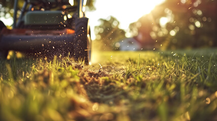 Lawn mower cutting grass at sunset. Gardening and landscaping concept. Close-up of lawn maintenance work with golden sunlight for outdoor, garden design and lifestyle with copy space. - obrazy, fototapety, plakaty