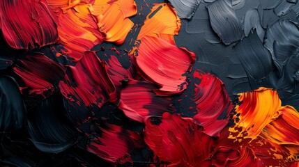 Bold red and orange paint strokes create a dramatic and expressive piece of abstract art on a black...