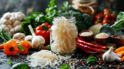 Shirataki noodles in glass jar with ingredients for cooking on dark wooden background