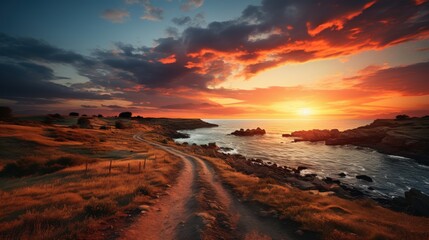Dramatic sunset over the ocean with a path leading to the horizon - Powered by Adobe