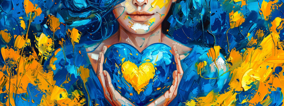 woman holding heart of ukraine flag in hands. selective focus.