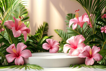 Summer podium with floral border background in pink colors. Empty pedestal for product display with pink flowers