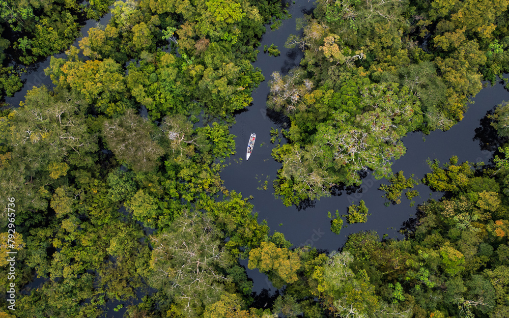 Wall mural TAHUAYO RIVER IN THE TOWN OF LORETO IN THE PERUVIAN AMAZON, THE TAHUAYO IS AN AREA WITH HIGH BIODIVERSITY, ABUNDANT EXOTIC WILDLIFE, THE TAHUAYO RIVER TOURIST ATTRACTION, TAHUAYO TOURISM IN AMAZON