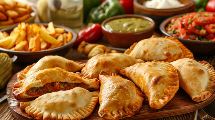Mouthwatering assortment of empanadas displayed among dishes of various side dishes and sauces.