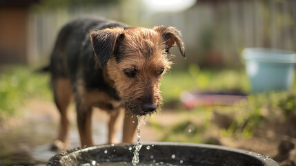 Small, wet dog quenches its thirst by drinking water from a metal bowl in a sunny backyard.