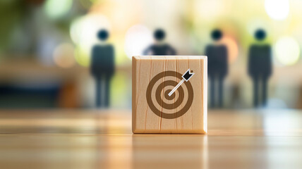 Obraz premium Business concept. Company achieving customer target. Arrow showing sales target. Company that determines its customer base. Target symbol written on wooden cube.