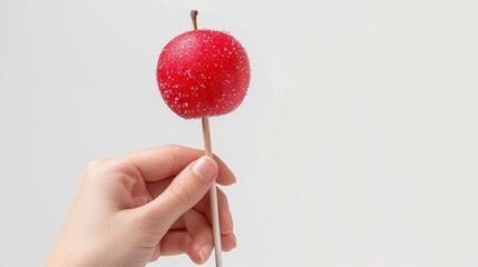 A hand elegantly presenting a sugar-coated apple, skewered on a rustic wooden stick, highlighted against a clean isolated background, perfect for promotional imagery, studio lighting
