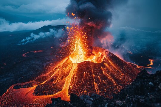 Experience the awe-inspiring sight of an erupting volcano captured from a safe distance, showcasing nature's raw power and the destructive beauty of its forces in action