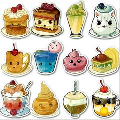 A collection of cute cartoon food and drink items, including cakes, cupcakes