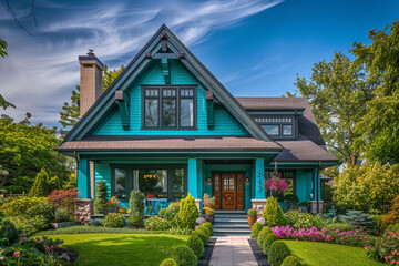 The elegant frontage of a vibrant cerulean craftsman cottage style house, featuring a triple pitched roof, tastefully designed landscaping, a welcoming path, - obrazy, fototapety, plakaty