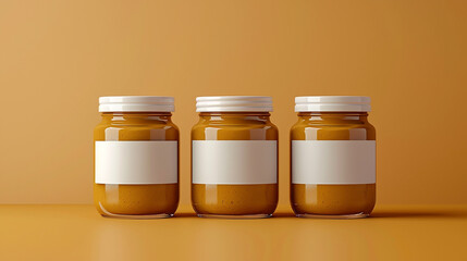 Wide photo of food containers in order, set of brown peanut butter jars with blank label, mockup on wooden table and raw nuts around