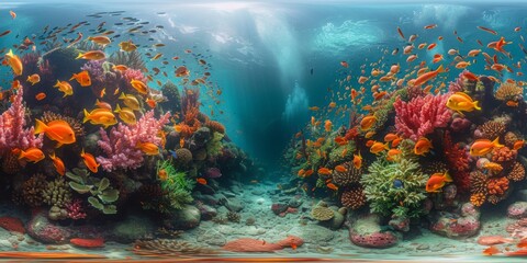 Fototapeta na wymiar An immersive 360-degree panorama of an underwater coral maze, teeming with colorful marine life and intricate reef formations