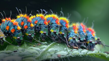A cluster of colorful caterpillars devouring a leaf, their appetites insatiable - obrazy, fototapety, plakaty