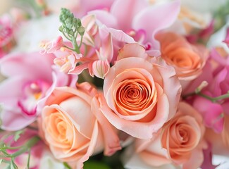 A delicate bouquet of soft pink roses and orchids