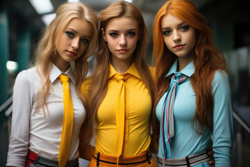 Three women wearing yellow shirts and ties pose for a photo