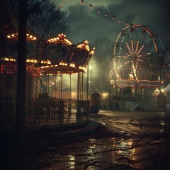 A moody, rain-drenched carnival at dusk with vibrant lights and empty rides