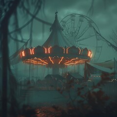A moody, rain-drenched carnival at dusk with vibrant lights and empty rides