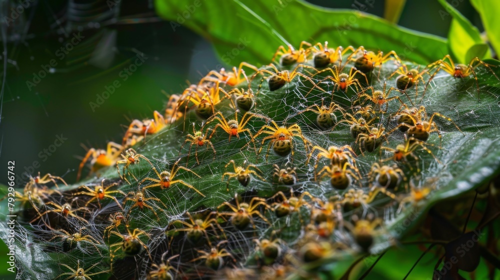 Poster a cluster of tiny spiderlings weaving intricate webs among the leaves