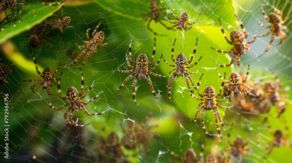 Poster a cluster of tiny spiderlings weaving intricate webs among the leaves