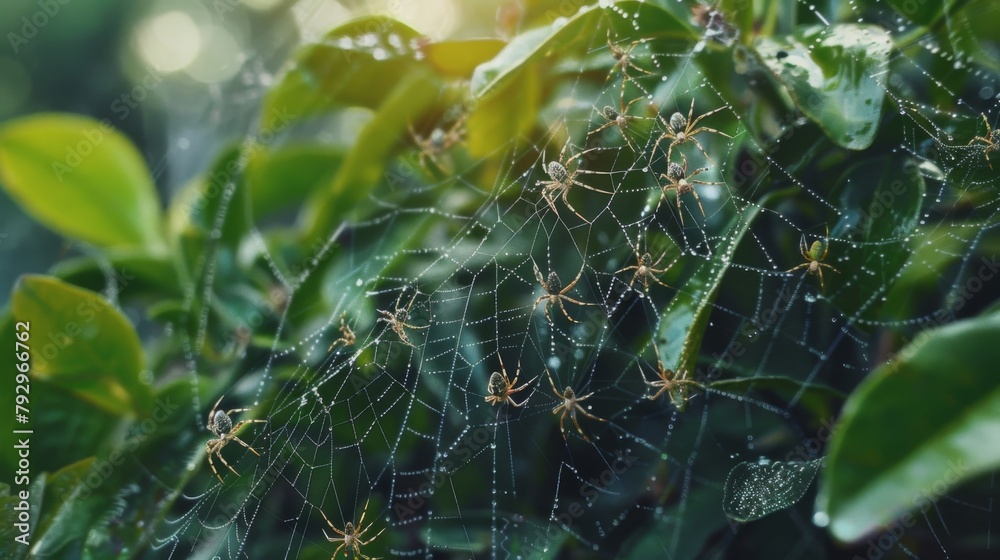 Poster a cluster of tiny spiderlings weaving intricate webs among the leaves
