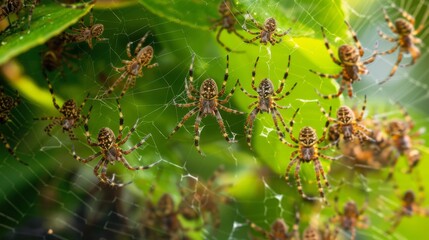 A cluster of tiny spiderlings weaving intricate webs among the leaves