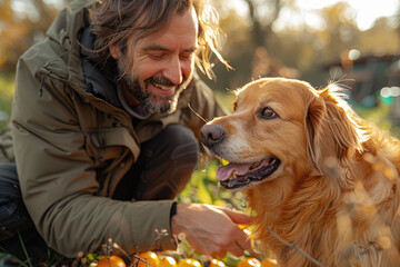 A happy young man wearing an autumn beanie and jacket, posing with his golden retriever dog in the park. Created with Ai
