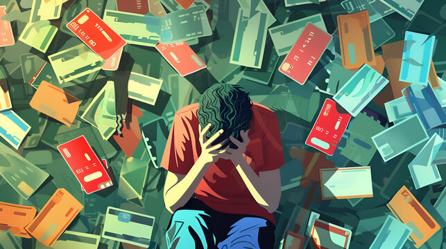 ilustraci&oacute;n de hombre preocupado y desesperado por pagar las tarjetas de cr&eacute;dito por liquidar las deudas que tiene en el banco rodeado de tarjetas 