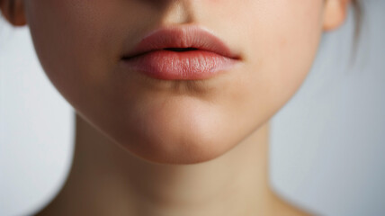 Close-up of a woman's lips, with a natural look, soft texture, and neutral color palette.