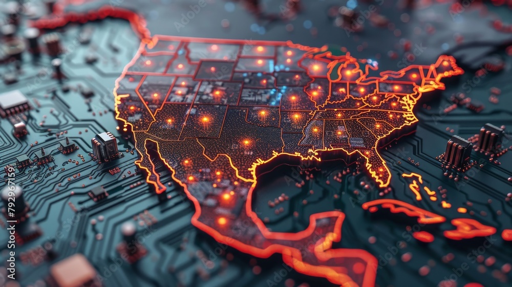 Poster a schematic of the united states map and the map of china combined with a circuit board illustrates 