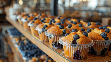 Row of blueberry muffins in a bakery