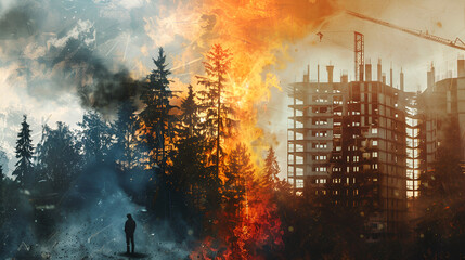quema incendio del bosque por el ser humano para poder construir edificios y casas para viviendas destrucción y contaminación incendio forestal para la contrucción