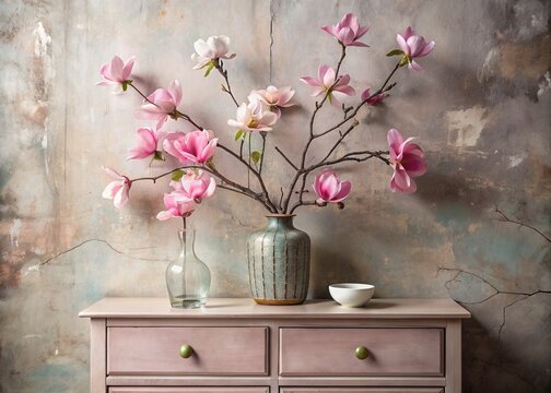 A beautiful branch of pink magnolia in a glass vase and vials on an old wooden chest of drawers. A bouquet of flowers in a vase in a home interior. Light, beige, pink floral background.